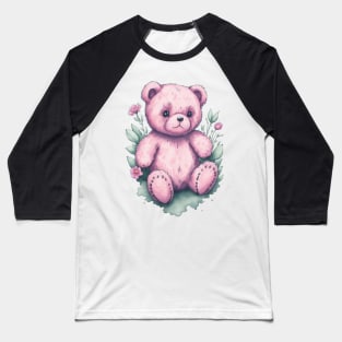 Pink Teddy Bear around Flowers: Scattered Watercolor in Pastel Colors Baseball T-Shirt